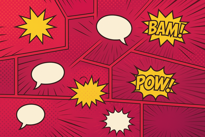 comic themed background using linear-gradient(135deg, #ff3366 0%, #cc0052 100%)